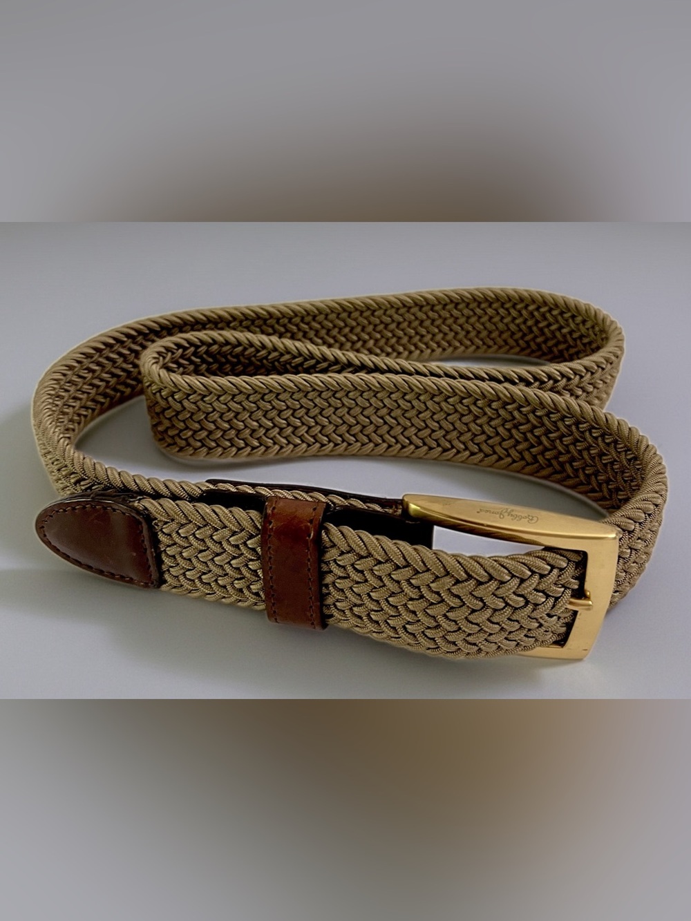 Bobby Jones Tan Braided Elastic Belt with Brown Leather Gold Buckle Stetchy 38